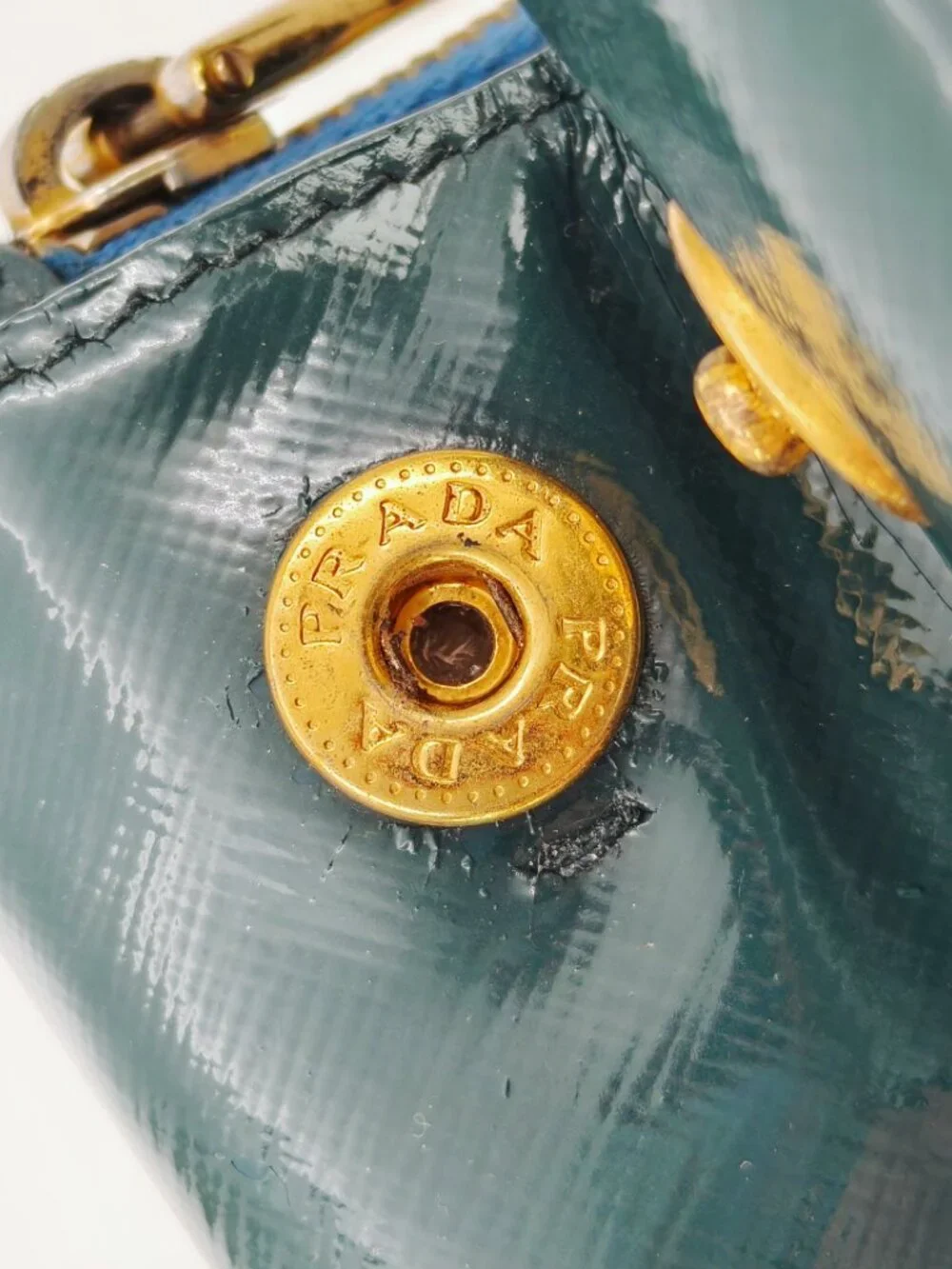 PRADA Vintage Green Saffiano Patent Leather Top Handle Handbag Gold Hardware